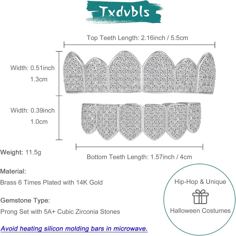Txdvbls Store جرلز - مجموعة أسنان علوية وسفلية من الذهب والفضة 6/8 أسنان للرجال والنساء، أغطية أسنان مطلية بالذهب عيار 14K لملحقات أزياء عيد الهالوين - Image 5